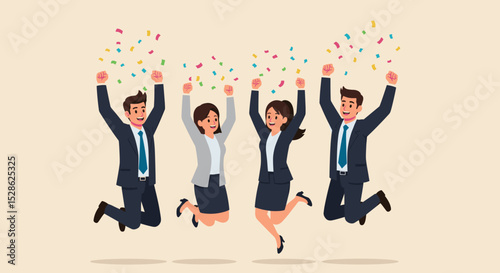 Business Team Success. Vector illustration in flat style of a diverse group of people jumping for joy. Isolated on background with festive tinsel