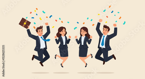 Business Team Success. Vector illustration in flat style of a diverse group of people jumping for joy. Isolated on background with festive tinsel