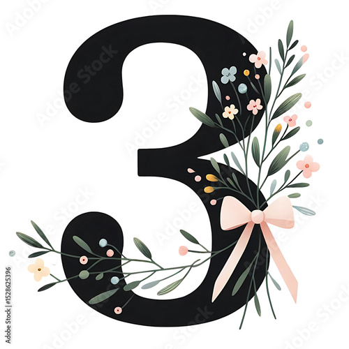 Bold black number 3 with a wildflowers and a decorative bow on a transparent background. Generative AI