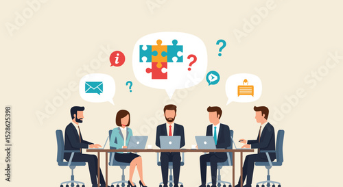 Business Brainstorm concept. Contemporary flat style abstract vector illustration of a group of diverse people at a desk discussing with puzzle pieces above their heads. 