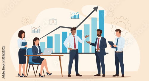 Business Planning Concept. Contemporary flat style vector illustration of a man in a business suit presenting a strategy to a group of colleagues with a growing graph in background.