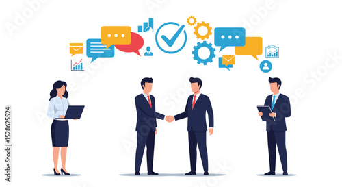Business Meeting Concept. Vector cartoon full-length illustration in a flat style of business people with two men in suits in the center shaking hands. Isolated on background. 