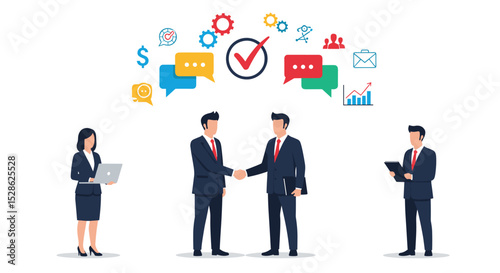 Business Meeting Concept. Vector cartoon full-length illustration in a flat style of business people with two men in suits in the center shaking hands. Isolated on background. 