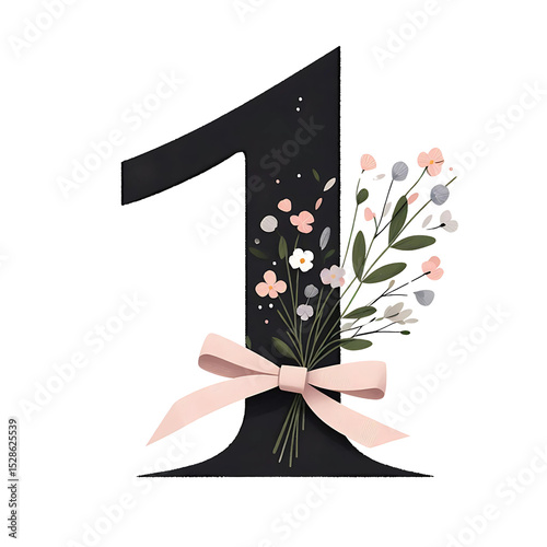 bold black number 1 with wildflowers and pink bow on a transparent background. Generative AI