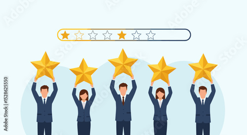 Employee Satisfaction Concept. Vector cartoon illustration in flat style of five diverse business people holding big golden stars against the background of the rating plate. Isolated on background.
