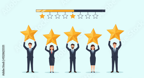 Employee Satisfaction Concept. Vector cartoon illustration in flat style of five diverse business people holding big golden stars against the background of the rating plate. Isolated on background.
