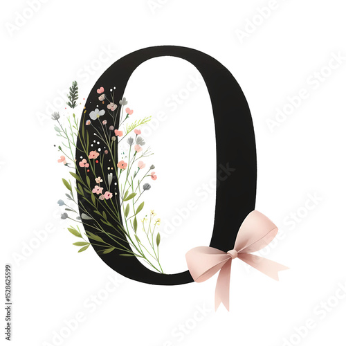 Floral number zero with ribbon pink on a white background. Generative AI