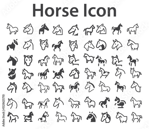 File ID(s): 1528625710 - Original name(s): Horse icon Set. Set of silhouette of horses icon Set. Isolated black silhouette of galloping, jumping running, trotting, rearing horse on white background. S