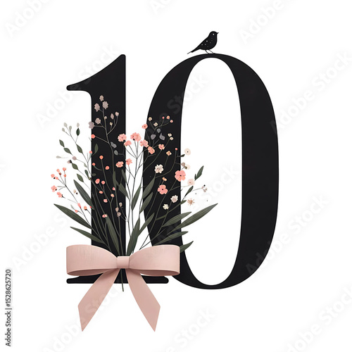 illustration of number 10 made of blooming flowers and pink bow. Isolated on white. Generative AI