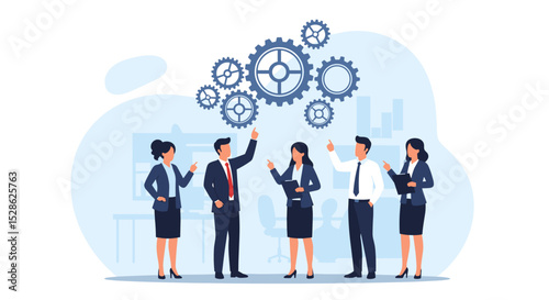 Business Discussion Concept. Vector flat style illustration of a group of diverse smiling people in business outfits with gears on top talking to each other. Isolated on background