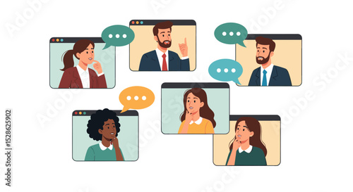 Online Business Discussion Concept. Vector illustration of diverse people in web pages windows leading discussion. Isolated on background