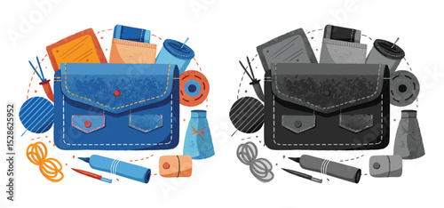 A collection of craft supplies including a blue bag, threads, pens, and other creative accessories in full color and grayscale.