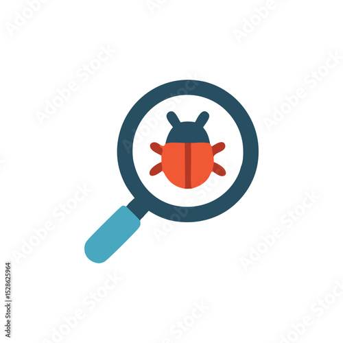 A stylized illustration of a magnifying glass examining a red and orange insect.