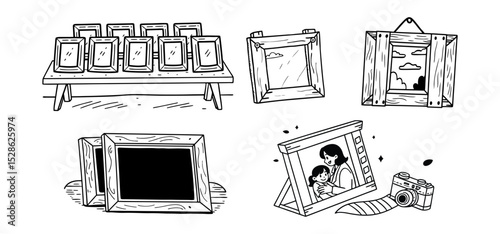 A collection of hand drawn photo frames with various contents and a camera illustration for artistic design purposes