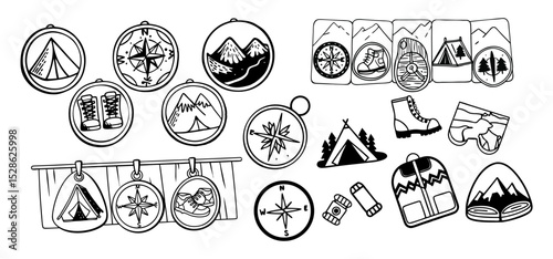 A collection of illustrated black and white camping and hiking adventure symbols for various outdoor activity concepts