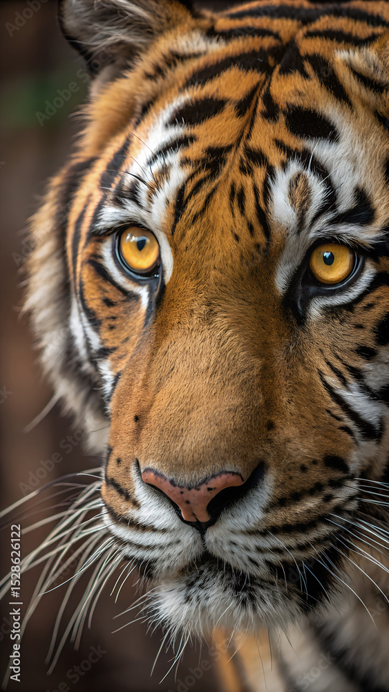 Naklejka premium Intense Gaze of a Bengal Tiger Close Up Portrait Showcasing Striking Eyes and Detailed Facial Features in Natural Light