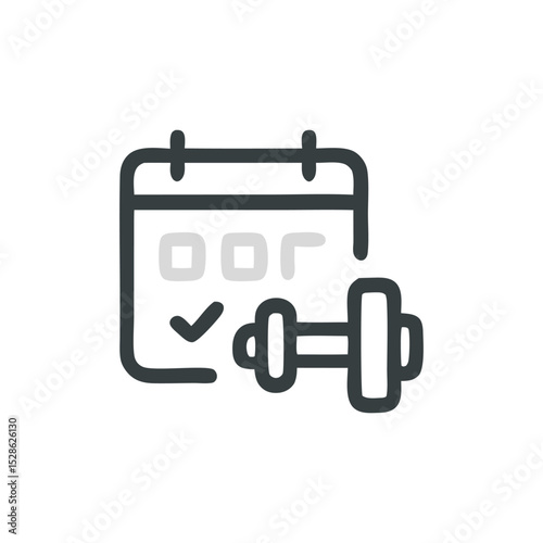 A calendar icon with a checkmark, next to a dumbbell, suggesting fitness planning.