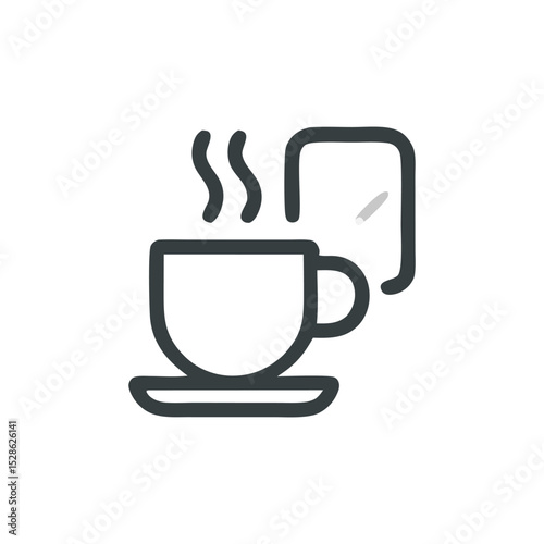 Simple line art illustration of a steaming cup of coffee on a saucer, with a small rectangular object beside it.