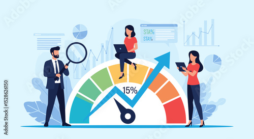 Benchmark Performance Concept. Vector cartoon illustration of a group of diverse business people engaged in analyzing and comparing the results of measuring indicators. Isolated on background. 