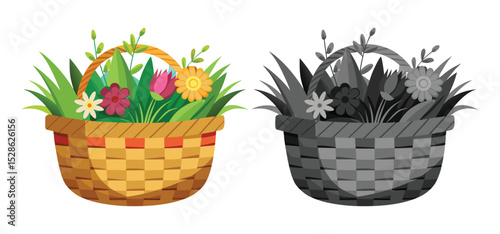 A colorful illustration of a basket filled with vibrant flowers and greenery alongside a grayscale version for contrast.