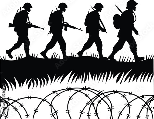 Silhouette of soldiers marching with barbed wire