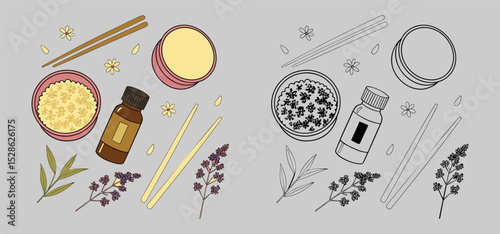A serene flat lay illustration featuring natural skincare products flowers lavender essential oils and spa treatments