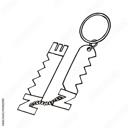 A unique minimalist black and white illustrated key chain showing a stylized word representing something