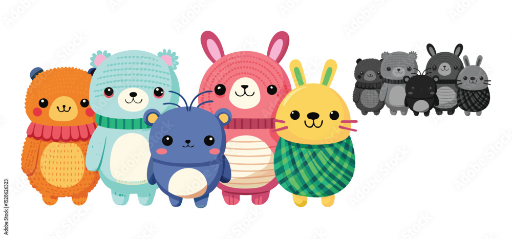 Naklejka premium Adorable and colorful group of cartoon animals in different shapes and vibrant colors on a white background