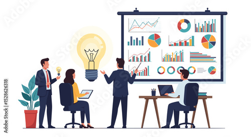 Business Idea Presentation Concept. Vector cartoon illustration of an office worker presenting his idea with a board with a light bulb and graphs in front of his colleagues. Isolated on background 