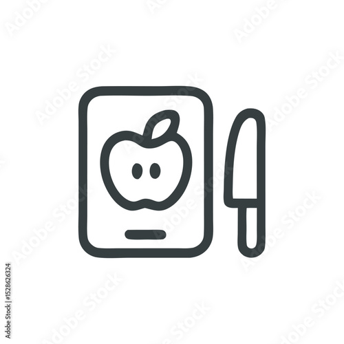 Simple line drawing of a cutting board with an apple and knife.