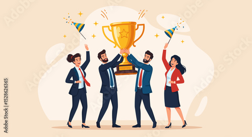 Business Team Success. Vector illustration in flat style of a diverse group of people in business suits in full growth with a large golden cup in their raised up hands. Isolated on background.