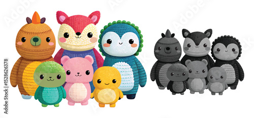 Adorable and friendly group of knitted animal characters for children's designs and playful educational projects