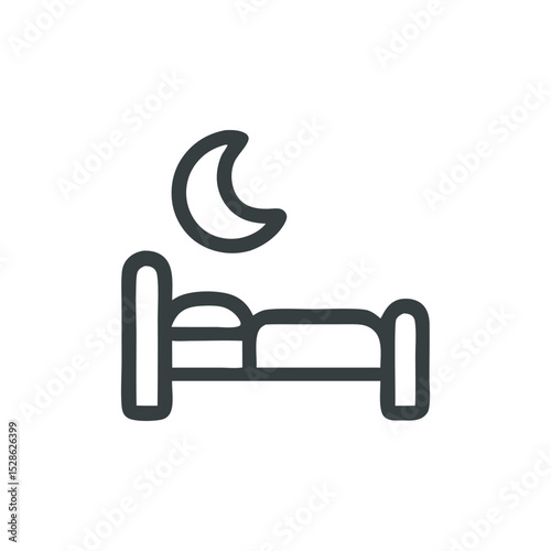 Simple line icon depicting a bed with a pillow and a crescent moon.
