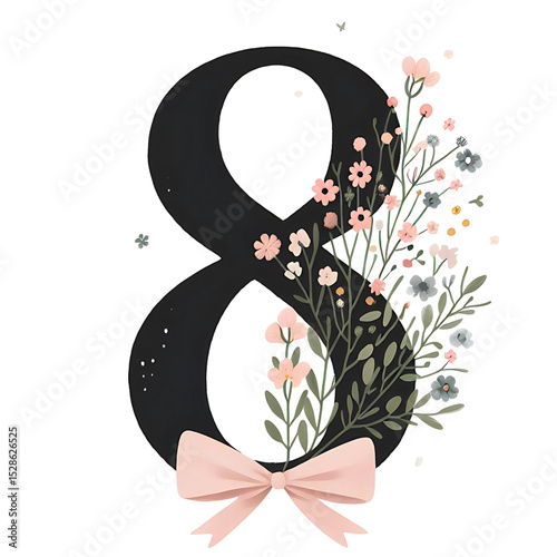 Number eight ribbon, decorated with pastel pink bow. International Women's Day March 8. Generative AI