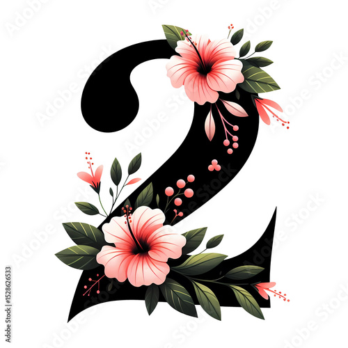 Number 2 of Pink Flowers and Green Leaves, isolated on white background. Number illustration. Generative AI