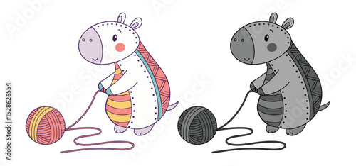 Adorable cartoon hippopotamus characters knitting with yarn balls in colorful and grayscale vector illustrations.