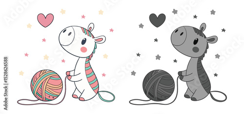 Adorable cartoon illustration depicting a friendly unicorn character playing with a ball of yarn and stars