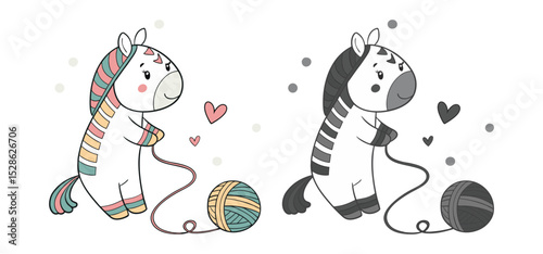 Adorable cartoon zebra cheerfully playing with a ball of yarn alongside a heart-shaped element in playful style.