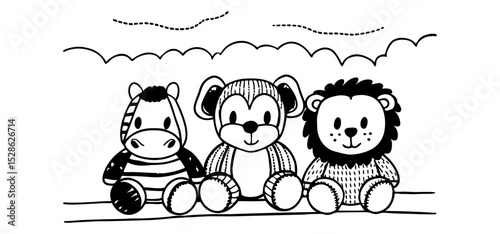 Adorable cartoon zebra monkey and lion stuffed animal characters sitting side by side together under a whimsical sky