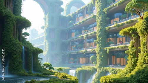 Lush green futuristic architecture with cascading waterfalls and vibrant plant life in a serene setting