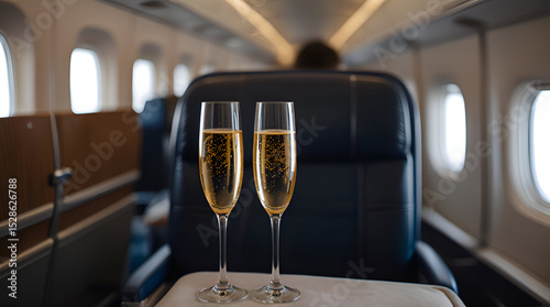 selective focus of interior of plane with champagne glasses for trip,generative.ai