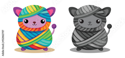 Adorable illustration of a yarn creature in vibrant colors and grayscale variants suitable for crafting designs