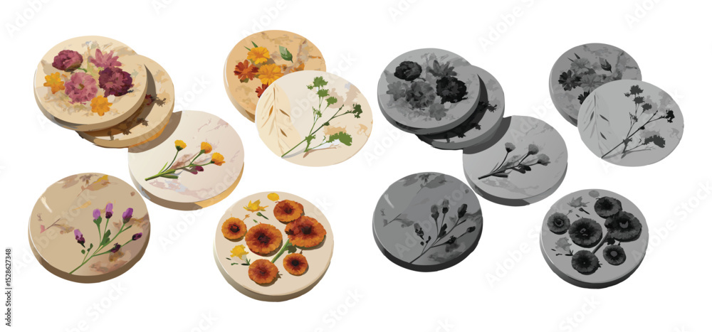 Obraz premium An artistic arrangement of floral coasters showcasing dried flowers pressed with colorful and grayscale variations against a white background.