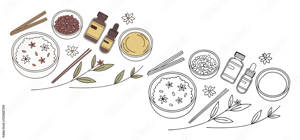 Fototapeta premium An elegant flat lay illustration featuring ingredients for spa and aromatherapy with essential oil bottles and bowls.