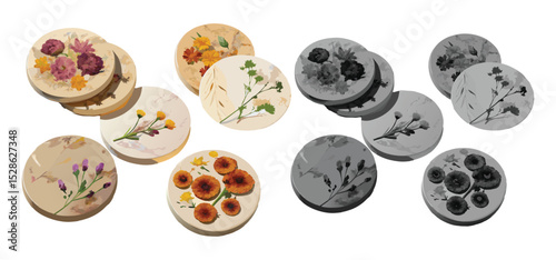 An artistic arrangement of floral coasters showcasing dried flowers pressed with colorful and grayscale variations against a white background.