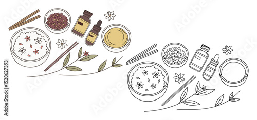 An elegant flat lay illustration featuring ingredients for spa and aromatherapy with essential oil bottles and bowls.