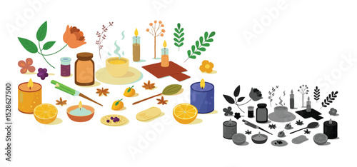Aromatherapy relaxation and well being symbols vector illustration depicting essential oils candles citrus slices botanicals and other related elements