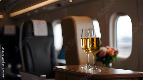 selective focus of interior of plane with champagne glasses for trip,generative.com