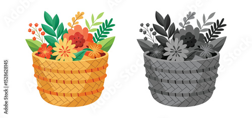 Beautiful floral arrangement in woven basket with colorful flowers and leaves in both color and black and white versions