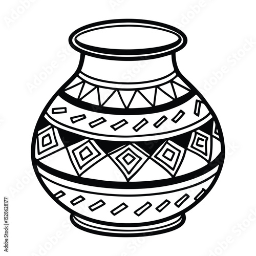 Black and white hand drawn illustration of a decorated pottery vase with traditional geometric patterns and design